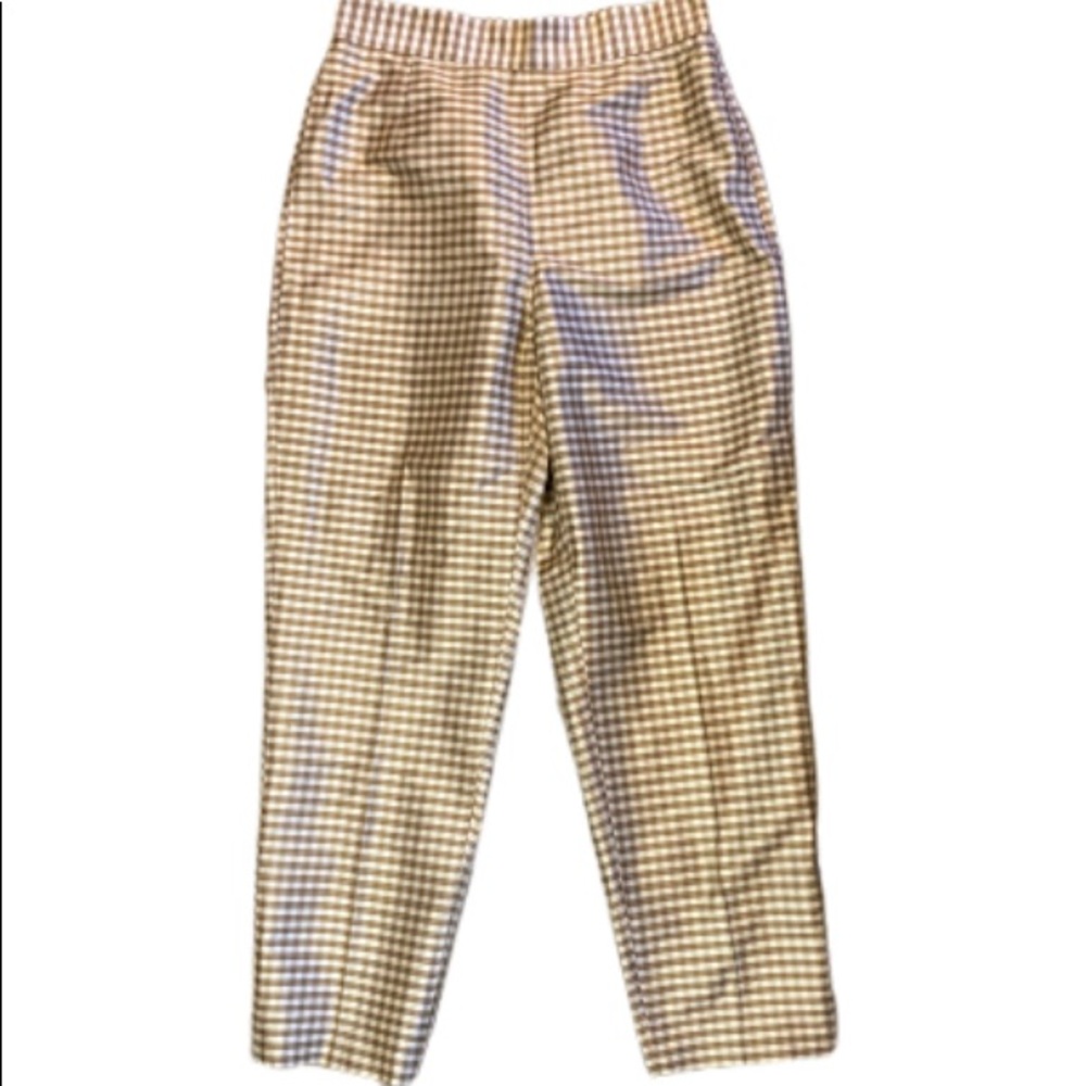 100% Silk Liz Claiborne Tan & White Gingham Cropped Pants - Picture 1 of 12
